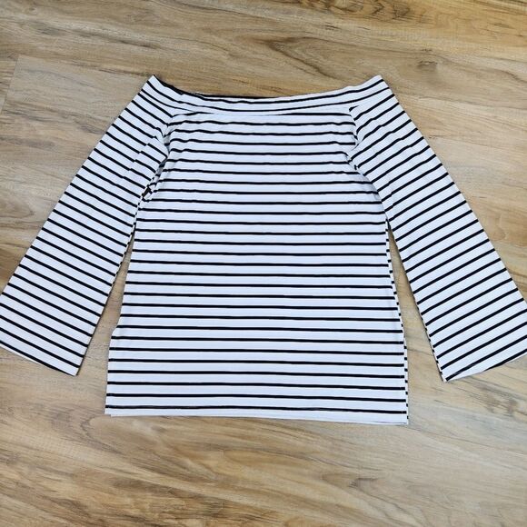 🍑Black & White Striped Off Shoulder Bell Sleeve Top XLarge - Picture 3 of 13